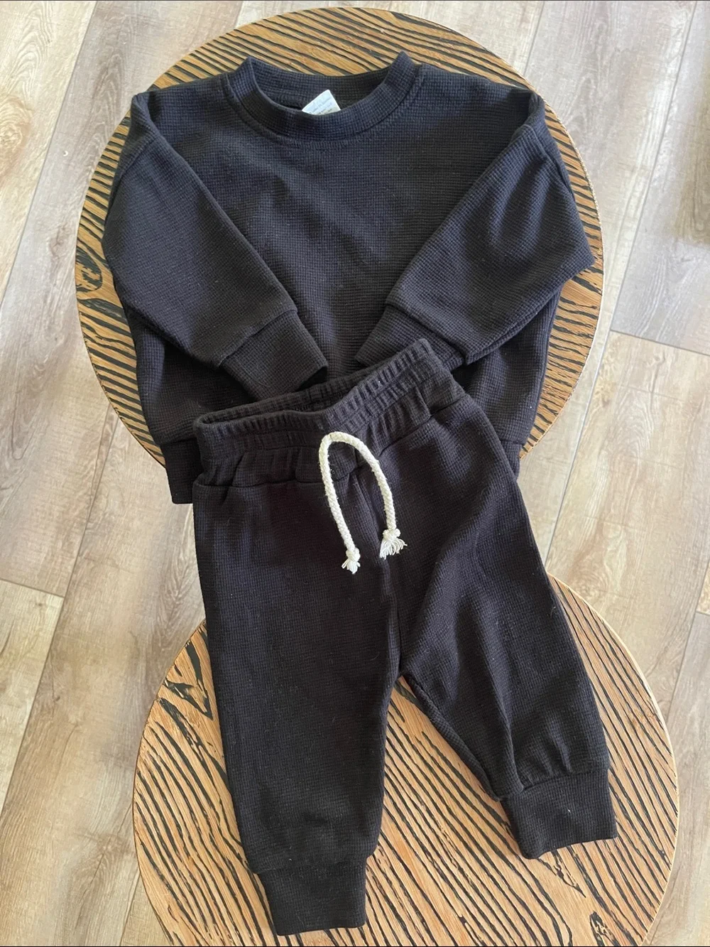 Black Waffle Knit Crewneck & Jogger Set
